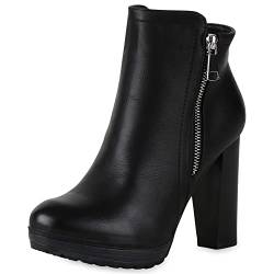 Gefütterte Damen Schuhe Plateau Boots Leder-Optik High Heels Stiefeletten 152121 Schwarz Zipper Brito 37 Flandell von stiefelparadies
