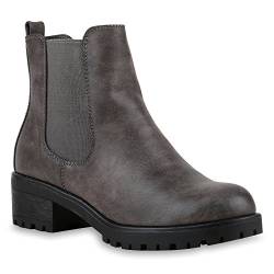 Stiefeletten Damen Chelsea Boots Profilsohle Blockabsatz Leder-Optik Booties Schuhe 122864 Grau 39 Flandell von stiefelparadies