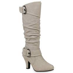 Warm Gefütterte Stiefel Damen Winter Boots Elegante Schnallen Trichterabsatz Wildleder-Optik Booties 128635 Creme 38 Flandell von stiefelparadies