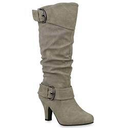 Warm Gefütterte Stiefel Damen Winter Boots Elegante Schnallen Trichterabsatz Wildleder-Optik Booties 42739 Hellgrau 40 Flandell von stiefelparadies