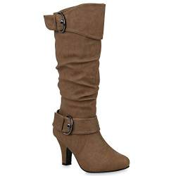 Warm Gefütterte Stiefel Damen Winter Boots Elegante Schnallen Trichterabsatz Wildleder-Optik Booties 42740 Khaki 37 Flandell von stiefelparadies