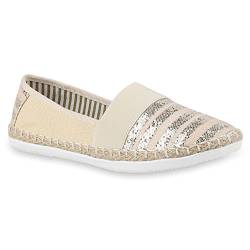 stiefelparadies Bequeme Damen Espadrilles Bast Slipper Metallic Glitzer Flats Freizeit Sommer Schuhe 133156 Creme 36 Flandell von stiefelparadies