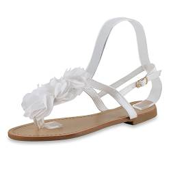 stiefelparadies Damen Dianetten Blumen Sandalen Zehentrenner Sommer Flats Beach Zierperlen Schuhe 114995 Weiss 40 Flandell von stiefelparadies