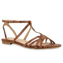 stiefelparadies Damen Riemchensandalen Sandalen Quasten Print Zehentrenner Schnürungen Fransen Sommer Lack Schleifen Schuhe 103879 Braun 36 Flandell von stiefelparadies