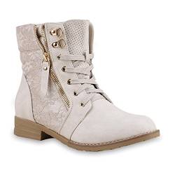 stiefelparadies Damen Schnürstiefeletten Worker Boot Spitze Zipper 134631 Creme 36 Flandell von stiefelparadies