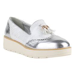 stiefelparadies Damen Slipper Strass Loafers Quasten Lack Plateau Snake Plateau Slippers Loafer Nieten Wedges Schuhe 139140 Silber 37 Flandell von stiefelparadies