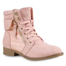 stiefelparadies Damen Stiefeletten Schnürstiefeletten Leder-Optik Schuhe Spitzenstoff Boots Zipper Schnürboots 130896 Rosa Spitze 38 Flandell von stiefelparadies