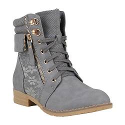 stiefelparadies Damen Stiefeletten Schnürstiefeletten Spitze Boots Leder-Optik Schuhe Zipper Schnürboots 152367 Grau Spitze Brito 39 Flandell von stiefelparadies