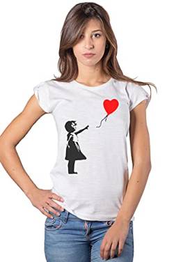 Mädchen mit Luftballon Banksy 3500 Mode Urban Slub Lady Damen 100% Baumwolle geflammt, Regular, Bambina con Palloncino di Banksy 3500, Weiß, Bambina con Palloncino di Banksy 3500 Medium von street style