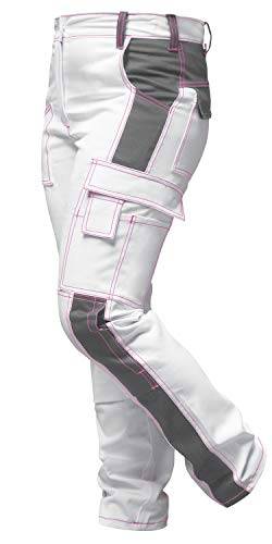strongAnt Damen Arbeitshose komplett Stretch Weiß Pink für Frauen Malerhose mit Kniepolstertaschen - Weiß-Grau/Pinke Naht. Größe: 72 von strongAnt