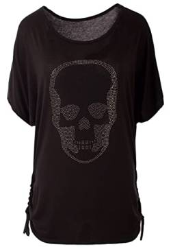 styl Damen Sommer Tops Lässiges T-Shirt mit Totenkopf-Strass-Motiv V-Ausschnitt Kurzarm Loser Pullover Plus Size Baggy Tunika-Bluse (40-42, schwarz) von styl