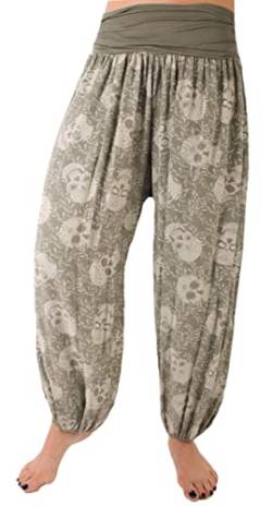 styl x Damen Sommerhose Pumphose Haremshose Größe 36/38 bis Größe 48/50 verfügbar mit Blumenmuster Skull Totenkopf Flower Leichte Haremshose (48-50, Skull Khaki) von styl