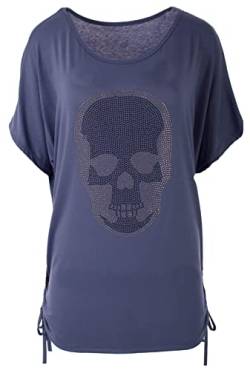 stylx Damen Sommer Tops Lässiges T-Shirt mit Totenkopf-Strass-Motiv V-Ausschnitt Kurzarm Loser Pullover Plus Size Baggy Tunika-Bluse (44-46, Jeansblau) von styl