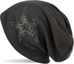 styleBREAKER Damen Beanie Mütze mit Strass Nieten Stern und Schmucksteine Silber-anthrazit, Slouch Longbeanie 04024087, Farbe:Anthrazit von styleBREAKER