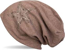 styleBREAKER Damen Beanie Mütze mit Strass Nieten Stern und Schmucksteine Silber-anthrazit, Slouch Longbeanie 04024087, Farbe:Taupe meliert von styleBREAKER