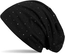 styleBREAKER Damen Beanie Mütze mit edler Strass-Nieten Applikation, Longbeanie Slouch 04024037, Farbe:Schwarz von styleBREAKER