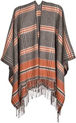 styleBREAKER Damen Cape mit Glencheck Karo Muster und Fransen, Umhang, Poncho, Damen 08010058, Farbe:Orange-Schwarz-Weiß von styleBREAKER