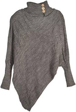 styleBREAKER Damen Feinstrick Poncho mit Zopfmuster und Ärmeln, Schalkragen 08010055, Farbe:Grau von styleBREAKER