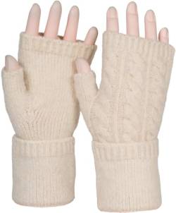 styleBREAKER Damen Fingerlose Handschuhe mit Zopfmuster und dezentem Metallic-Faden, Winter Strickhandschuhe 09010042, Farbe:Beige von styleBREAKER