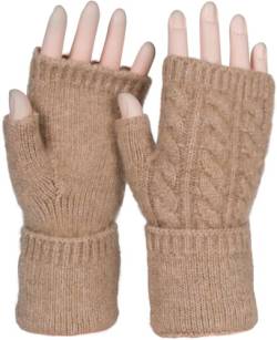 styleBREAKER Damen Fingerlose Handschuhe mit Zopfmuster und dezentem Metallic-Faden, Winter Strickhandschuhe 09010042, Farbe:Braun von styleBREAKER