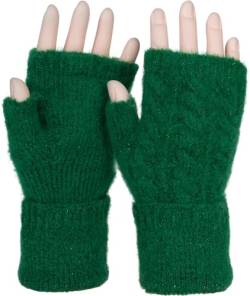 styleBREAKER Damen Fingerlose Handschuhe mit Zopfmuster und dezentem Metallic-Faden, Winter Strickhandschuhe 09010042, Farbe:Grün von styleBREAKER