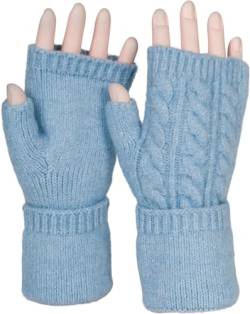 styleBREAKER Damen Fingerlose Handschuhe mit Zopfmuster und dezentem Metallic-Faden, Winter Strickhandschuhe 09010042, Farbe:Hellblau von styleBREAKER