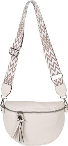 styleBREAKER Damen Halbmond Crossbody Schultertaschen Einfarbig, verstellbarer Schultergurt mit Zick-Zack Rauten Muster 02012401, Farbe:Creme-Beige von styleBREAKER