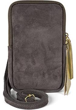 styleBREAKER Damen Leder Handy Umhängetasche aus weichem Veloursleder, Reißverschluss, Echtleder Mini Bag 02012373, Farbe:Dunkelgrau von styleBREAKER