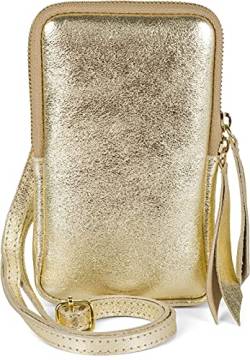 styleBREAKER Damen Leder Handy Umhängetasche aus weichem Veloursleder, Reißverschluss, Echtleder Mini Bag 02012373, Farbe:Gold von styleBREAKER