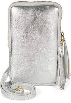 styleBREAKER Damen Leder Handy Umhängetasche aus weichem Veloursleder, Reißverschluss, Echtleder Mini Bag 02012373, Farbe:Silber von styleBREAKER