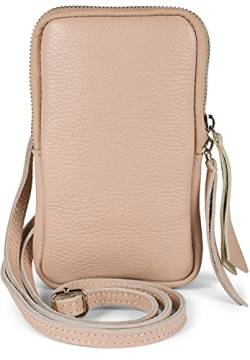 styleBREAKER Damen Leder Handy Umhängetasche mit genarbter Oberfläche, Reißverschluss, Echtleder Mini Bag 02012374, Farbe:Altrose von styleBREAKER