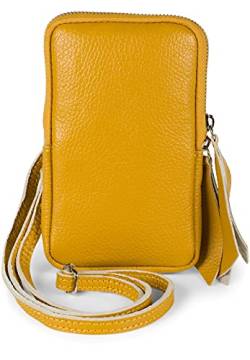 styleBREAKER Damen Leder Handy Umhängetasche mit genarbter Oberfläche, Reißverschluss, Echtleder Mini Bag 02012374, Farbe:Curry von styleBREAKER