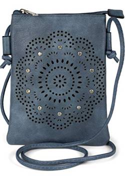 styleBREAKER Damen Mini Bag Umhängetasche mit Blumen Lasercut Cutout Muster und Strass, Schultertasche, Handtasche 02012367, Farbe:Jeansblau von styleBREAKER