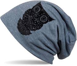 styleBREAKER Damen Stoff Beanie Mütze mit samtigem Eulen Flock-Print, Longbeanie 04024040, Farbe:Jeansblau von styleBREAKER