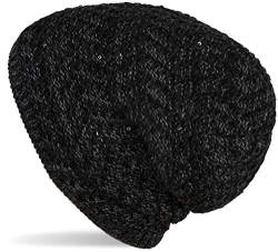 styleBREAKER Damen Strick Beanie Mütze mit Pailletten und Thermo-Fleece Futter, Winter Slouch Beanie 04024168, Farbe:Schwarz von styleBREAKER