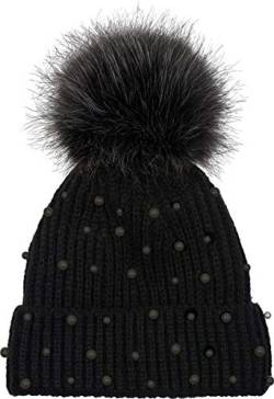 styleBREAKER Damen Strick Bommelmütze mit Perlen und Fleece Futter, warme Winter Fellbommel Mütze, Fake Fur 04024155, Farbe:Schwarz von styleBREAKER