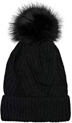 styleBREAKER Damen Strick Bommelmütze mit Rippenstrick Muster und Fleece Futter, Winter Fellbommel Mütze 04024167, Farbe:Schwarz von styleBREAKER