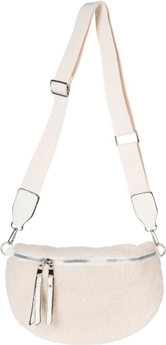 styleBREAKER Damen Teddyfell Halbmond Crossbody Schultertaschen Einfarbig, verstellbarer Schultergurt 02012403, Farbe:Creme von styleBREAKER