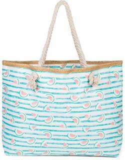 styleBREAKER Damen XXL Strandtasche mit Streifen und Melone Früchte Print, Reißverschluss, Schultertasche, Shopper 02012287, Farbe:Türkis-Weiß von styleBREAKER