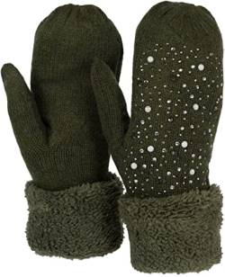 styleBREAKER Damen warme Winter Strick Fäustlinge mit Strass und Perlen, Handschuhe, Thermo Fleece, Strickhandschuhe 09010039, Farbe:Oliv von styleBREAKER