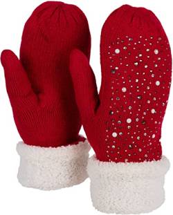 styleBREAKER Damen warme Winter Strick Fäustlinge mit Strass und Perlen, Handschuhe, Thermo Fleece, Strickhandschuhe 09010039, Farbe:Rot von styleBREAKER