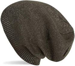 styleBREAKER Feinstrick Beanie Mütze mit Glitzerfaden, Slouch Longbeanie, Damen 04024142, Farbe:Oliv von styleBREAKER