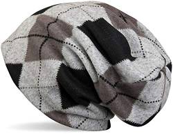 styleBREAKER Feinstrick Beanie Mütze mit klassischem Karo Muster in meliertem Vintage Look, Unisex 04024055, Farbe:Grau-Schwarz von styleBREAKER