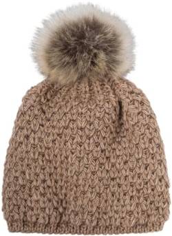 styleBREAKER Kinder Bommelmütze Gehäkelt mit V-Muster, Warmes Thermo Fleece Futter, Winter Fellbommel Mütze, 2-4 Jahre 04024208, Farbe:Braun von styleBREAKER