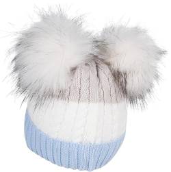 styleBREAKER Kinder Strick Bommelmütze 3-Farbig Gestreift, 2 Kunstfellbommel, Fleece Futter, 2-5 Jahre 04024204, Farbe:Hellblau-Weiß-Hellgrau von styleBREAKER