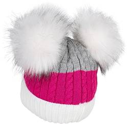 styleBREAKER Kinder Strick Bommelmütze 3-Farbig Gestreift, 2 Kunstfellbommel, Fleece Futter, 2-5 Jahre 04024204, Farbe:Weiß-Himbeere-Grau von styleBREAKER