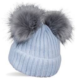 styleBREAKER Kinder Strick Bommelmütze mit 2 Kunstfellbommel und Fleece Futter, Winter Mütze, Strickmütze, 2-5 Jahre 04024203, Farbe:Hellblau von styleBREAKER