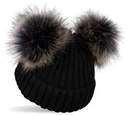 styleBREAKER Kinder Strick Bommelmütze mit 2 Kunstfellbommel und Fleece Futter, Winter Mütze, Strickmütze, 2-5 Jahre 04024203, Farbe:Schwarz von styleBREAKER