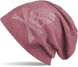 styleBREAKER Klassische Beanie Mütze mit Totenkopf Strass Applikation, Unisex 04024034, Farbe:Bordeaux-Rot meliert, Materialart:warm von styleBREAKER