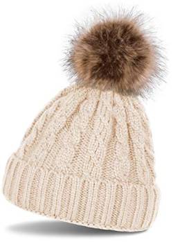 styleBREAKER Zopfmuster Bommelmütze, Strickmütze mit Fellbommel, Winter Beanie Mütze, Unisex 04024064, Farbe:Beige von styleBREAKER